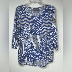 Chico's Blue Gray Geometric Block 3/4 Sleeve High Low Pullover Blouse Women's M